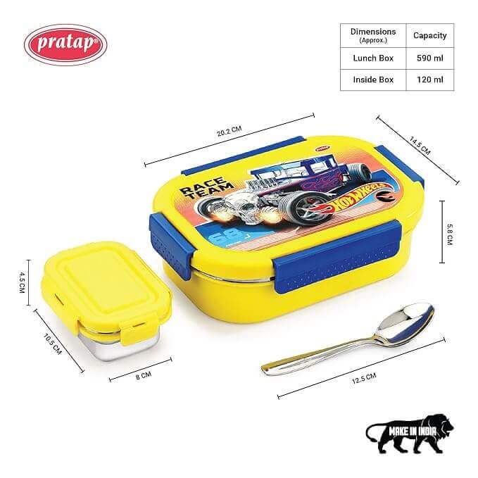Yellow lunch box with blue accents featuring a racing car design, dimensions, and Pratap branding.