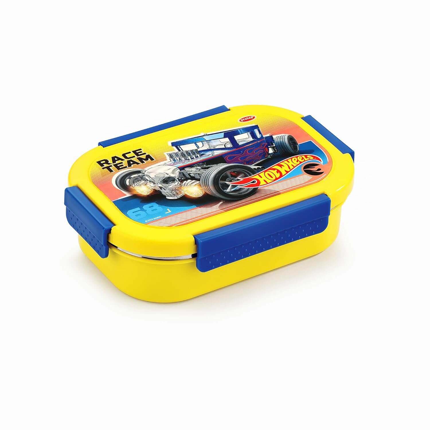 Yellow and blue lunch box with race car design on a white background
