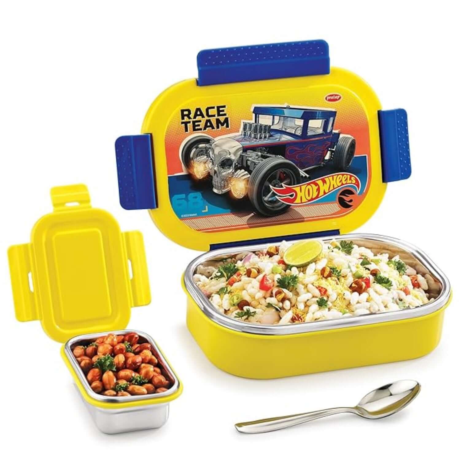 Yellow bento box with Hot Wheels design, open to reveal food compartments and a spoon.
