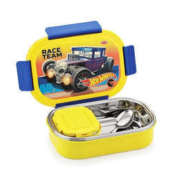 Yellow lunch box with 'Hot Wheels' design featuring a race car and skull, on a white background.
