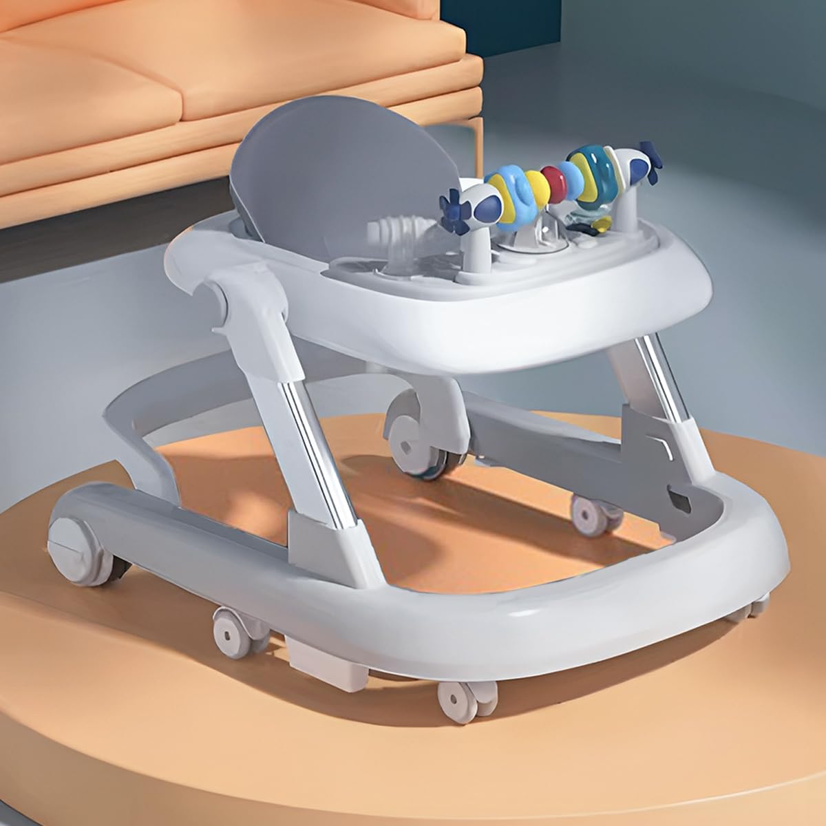 Grey and white StarAndDaisy Tiny Baby Walker, a 2-in-1 infant and baby activity walker suitable for 6-18 months, featuring a comfortable seat and colorful developmental toys for early learning and mobility. Usmile Toys.
