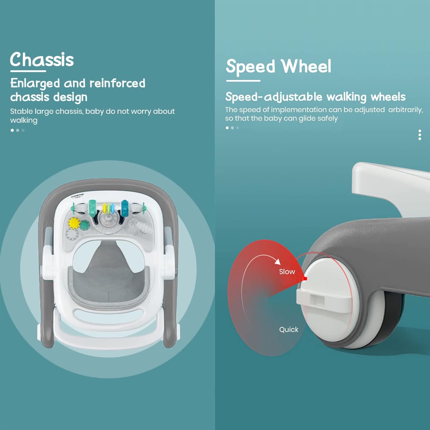 Grey and white StarAndDaisy Tiny Baby Walker, a 2-in-1 infant and baby activity walker suitable for 6-18 months, featuring a comfortable seat and colorful developmental toys for early  www.usmile.toys