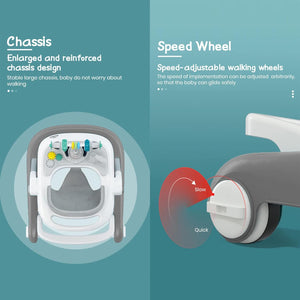 Grey and white StarAndDaisy Tiny Baby Walker, a 2-in-1 infant and baby activity walker suitable for 6-18 months, featuring a comfortable seat and colorful developmental toys for early  www.usmile.toys