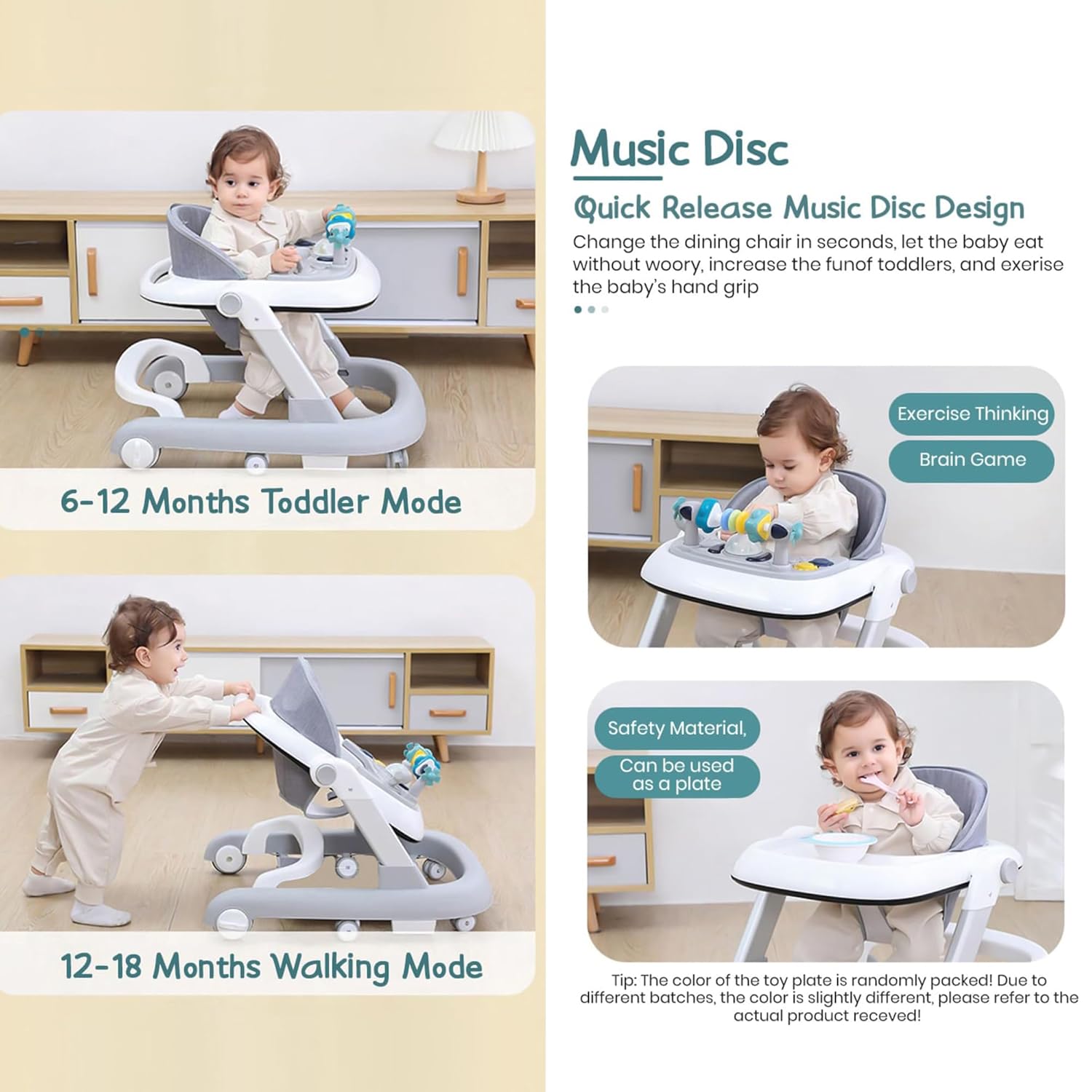 Grey and white StarAndDaisy Tiny Baby Walker, a 2-in-1 infant and baby activity walker suitable for 6-18 months, featuring a comfortable seat and colorful developmental toys for early  www.usmile.toys
