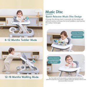 Grey and white StarAndDaisy Tiny Baby Walker, a 2-in-1 infant and baby activity walker suitable for 6-18 months, featuring a comfortable seat and colorful developmental toys for early  www.usmile.toys