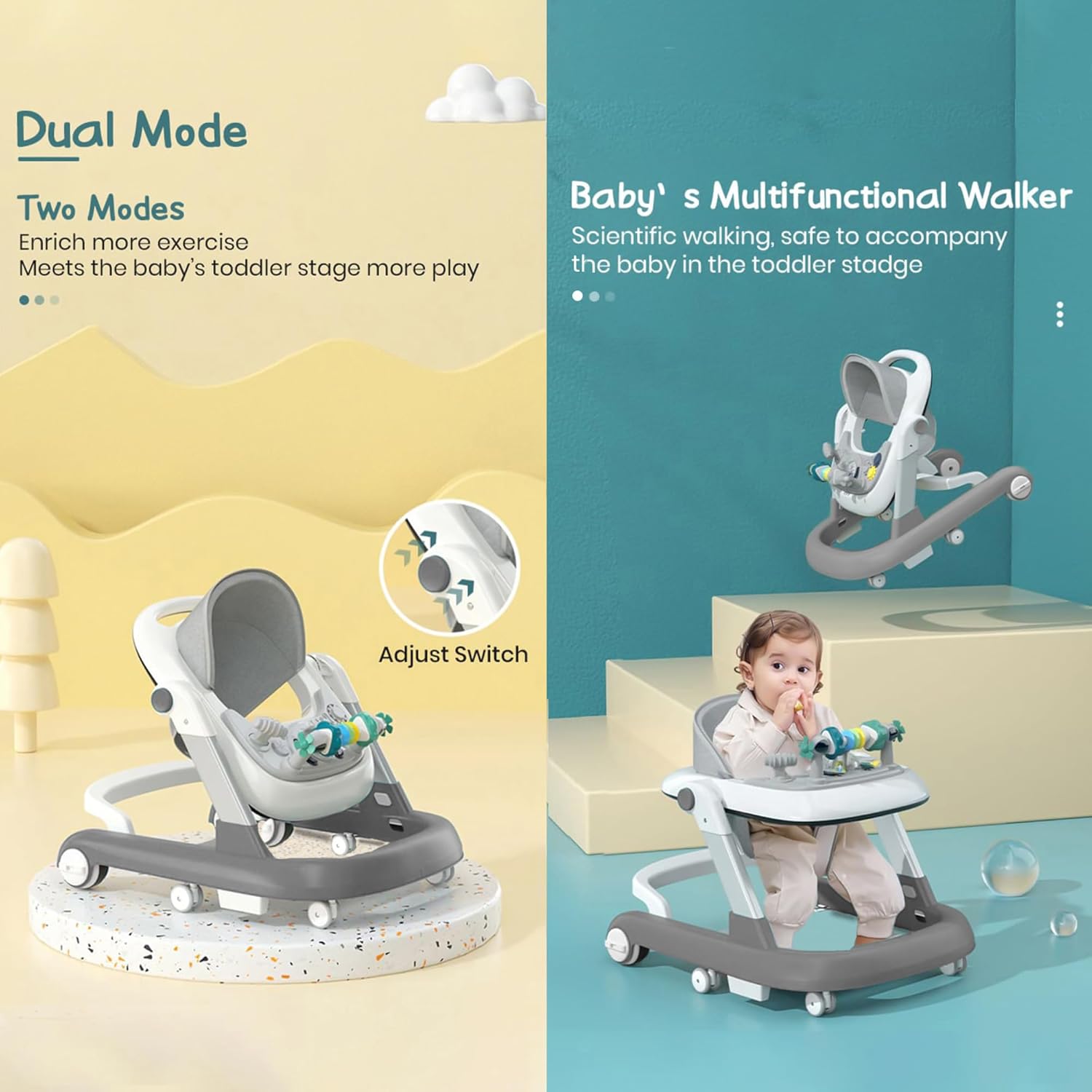 "StarAndDaisy Tiny Baby Walker 2-in-1 for infants 6-18 months, in modern grey and white. This versatile walker helps both girls and boys with first steps and offers engaging activity toys." www.usmile.toys