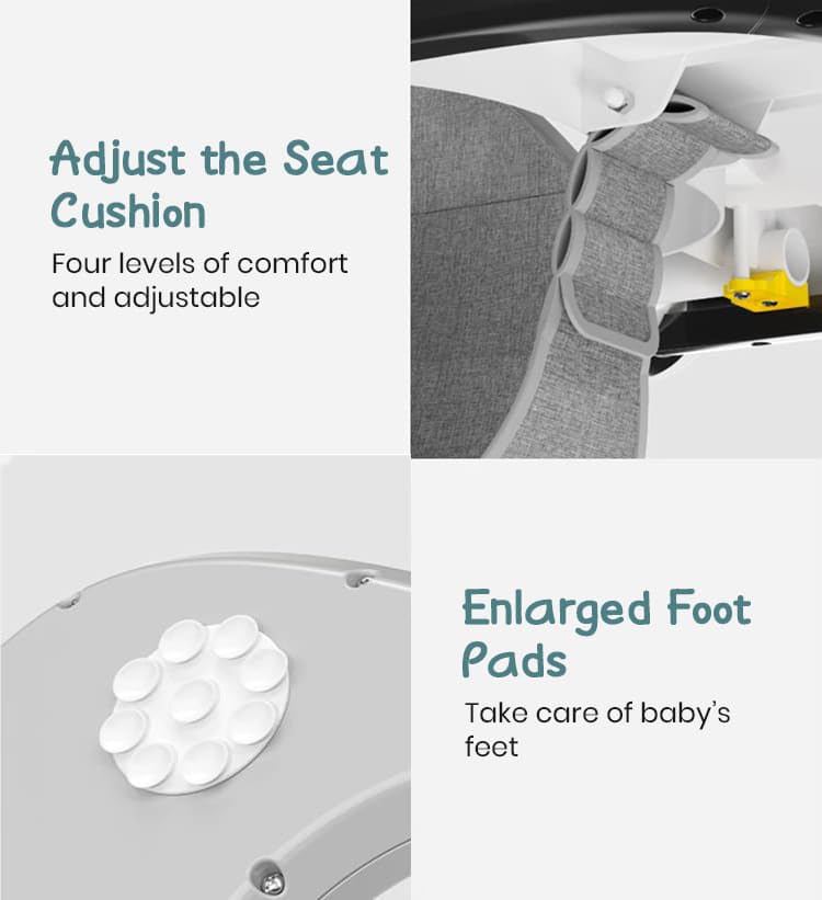 "StarAndDaisy Tiny Baby Walker 2-in-1 for infants 6-18 months, in modern grey and white. This versatile walker helps both girls and boys with first steps and offers engaging activity toys." www.usmile.toys