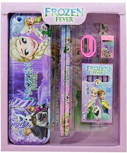  Disney Frozen Fever themed stationery set for kids, including a pencil box, pencils, eraser, sharpener, ruler, and a mini crayon set, all featuring Elsa and Anna characters. Ideal for school supplies and girls' gifts on usmile.toys. www.usmile.toys