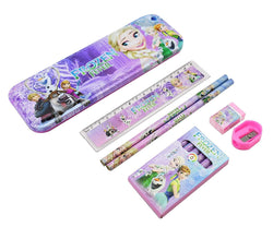 Multicolor Frozen Fever school supply kit for children, featuring Elsa and Anna on pencils, pencil case, sharpener, eraser, ruler, and crayons. Complete stationery set for young fans.www.usmile.toys