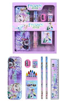 Multicolor Frozen Fever school supply kit for children, featuring Elsa and Anna on pencils, pencil case, sharpener, eraser, ruler, and crayons. Complete stationery set for young fans. www.usmile.toys