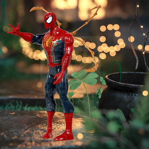New Spiderman action figure toy, featuring the iconic red and blue suit with metallic gold spider emblem on the chest, perfect for superhero play. www.usmile.toys