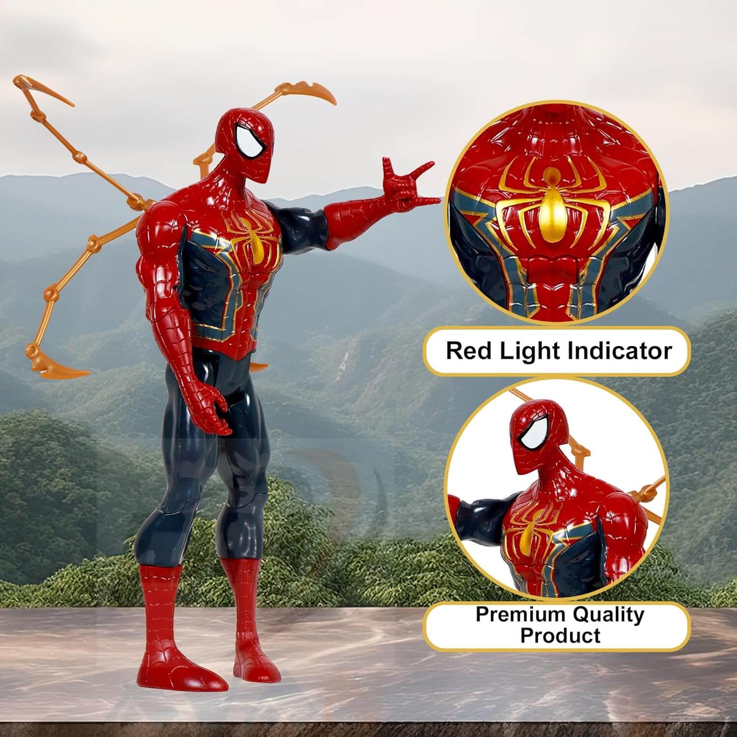 New Spiderman action figure toy, featuring the iconic red and blue suit with metallic gold spider emblem on the chest, perfect for superhero play. www.usmile.toysb  www.usmile.toys