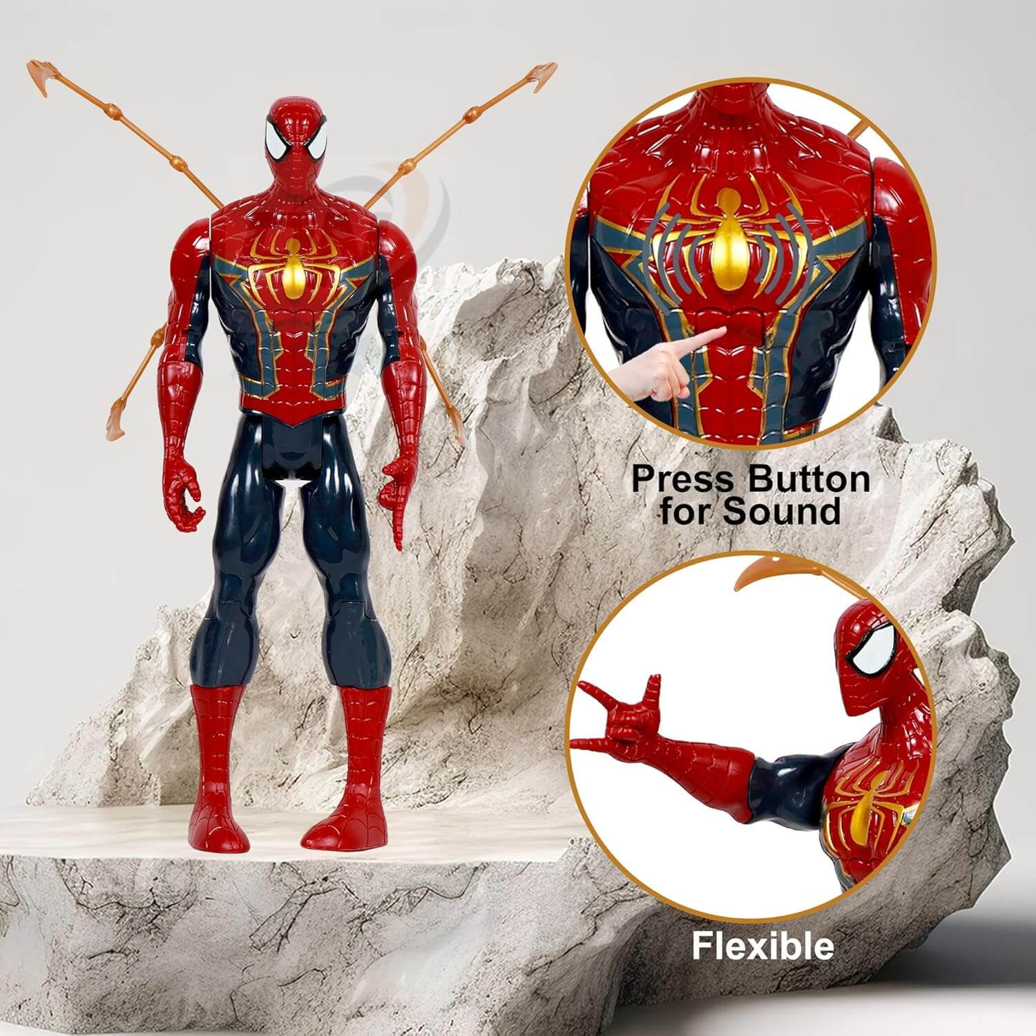 New Spiderman action figure toy, featuring the iconic red and blue suit with metallic gold spider emblem on the chest, perfect for superhero play. www.usmile.toys 