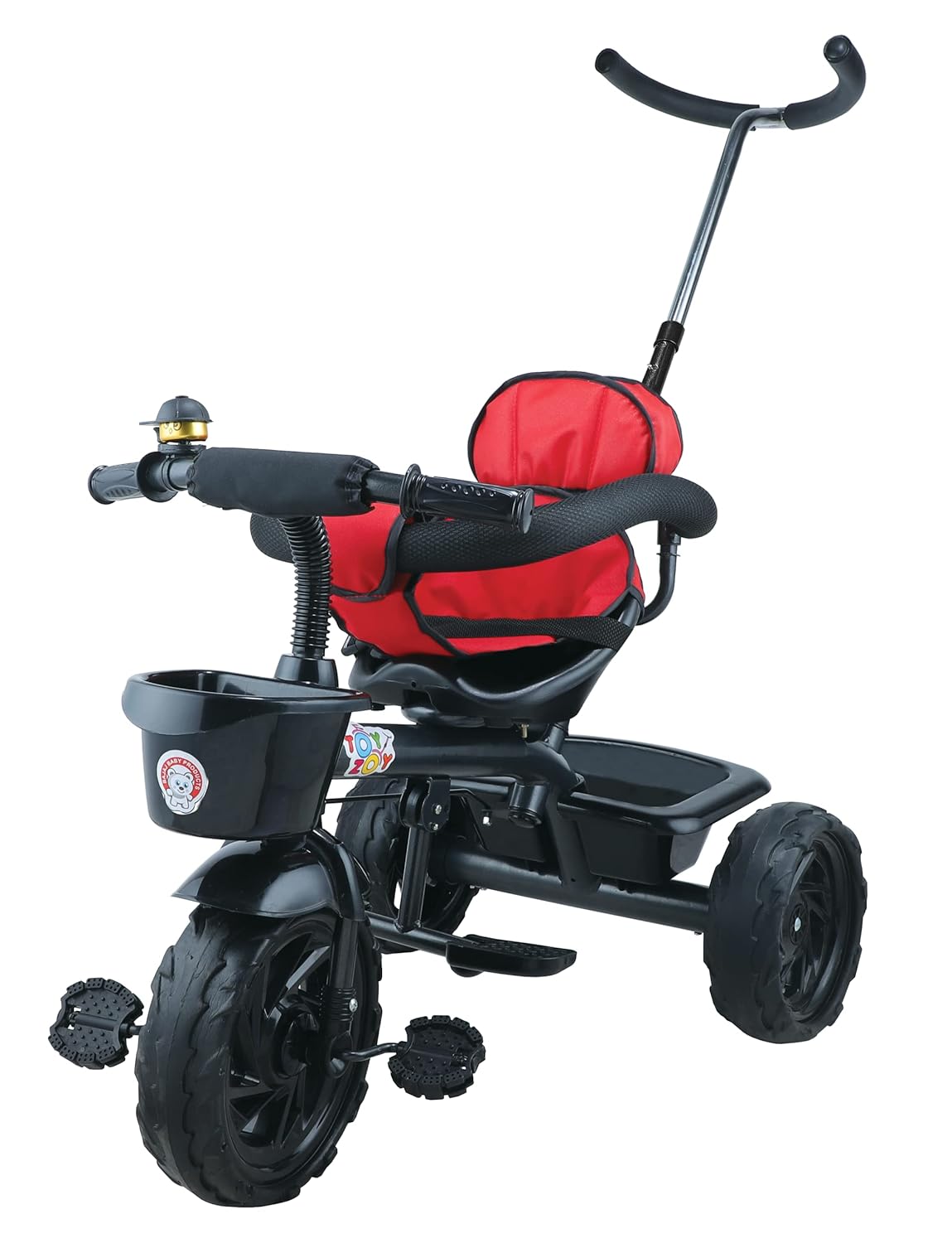 Black and red Toyzoy kids tricycle with parent handle and safety guardrail. www.usmile.toys