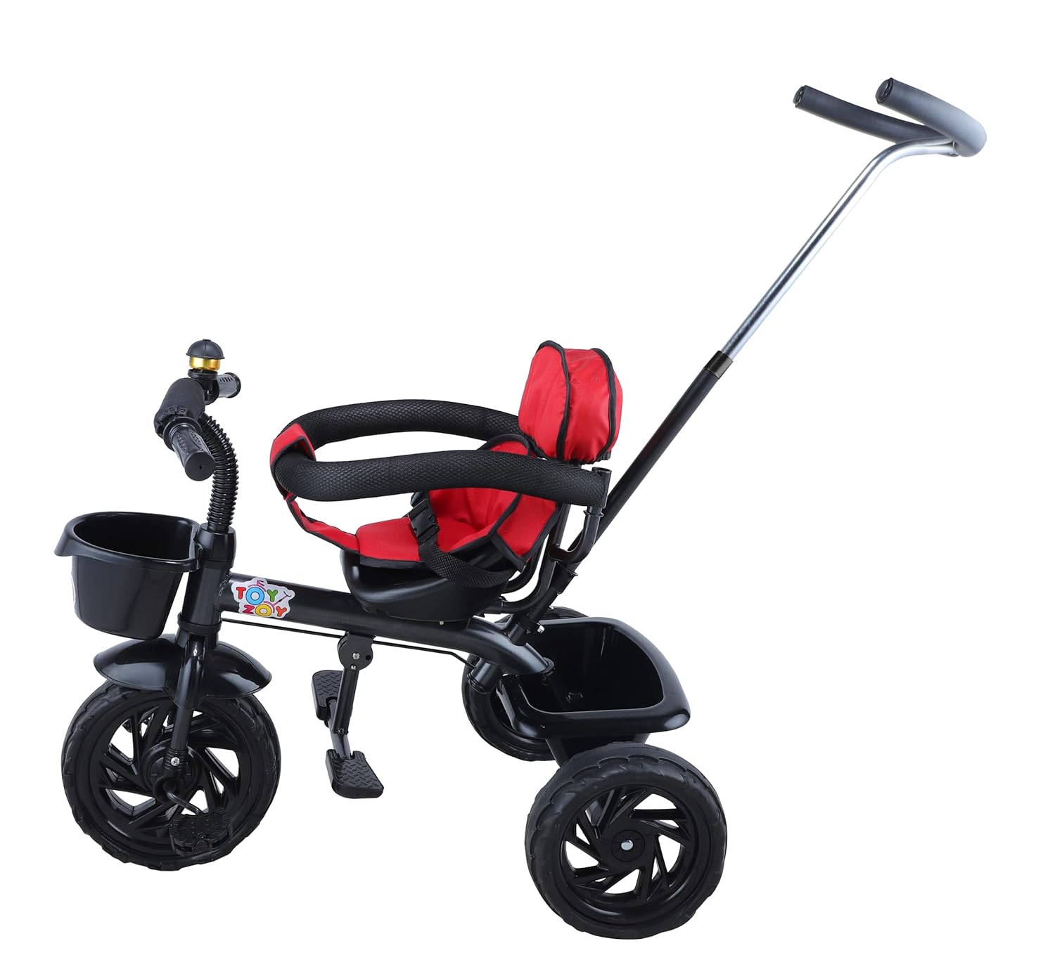 Black and red Toyzoy kids tricycle with parent handle and safety guardrail. www.usmile.toys