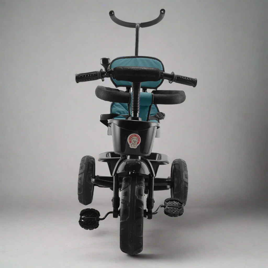 Toyzoy Maple Grand kids' tricycle in black with a teal padded seat, backrest, handle, and a small front storage basket. www.usmile.toys