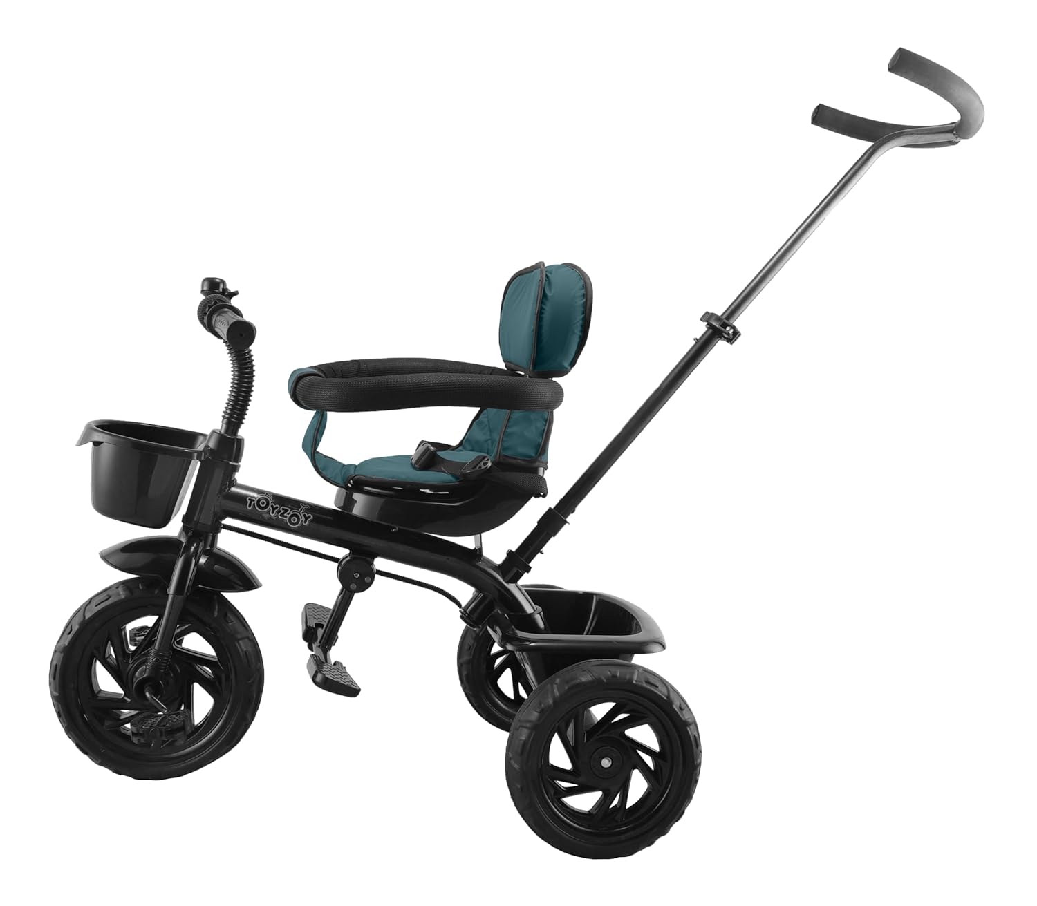 Toyzoy Maple Grand kids' tricycle in black with a teal padded seat, backrest, handle, and a small front storage basket. www.usmile.toys
