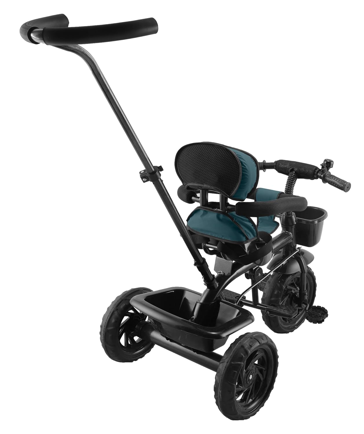 Toyzoy Maple Grand kids' tricycle in black with a teal padded seat, backrest, handle, and a small front storage basket. www.usmile.toys