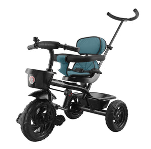 Toyzoy Maple Grand kids' tricycle in black with a teal padded seat, backrest, handle, and a small front storage basket. www.usmile.toys