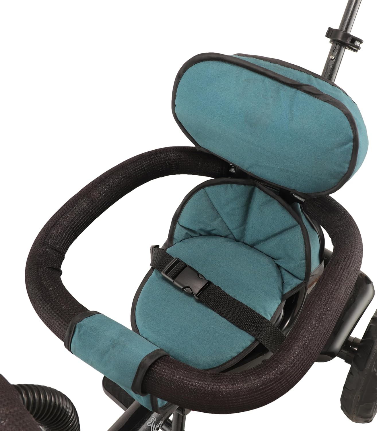 Durable black tricycle for young children 1-4 years, featuring a comfortable teal seat and parent push handle for assisted riding. www.usmile.toys