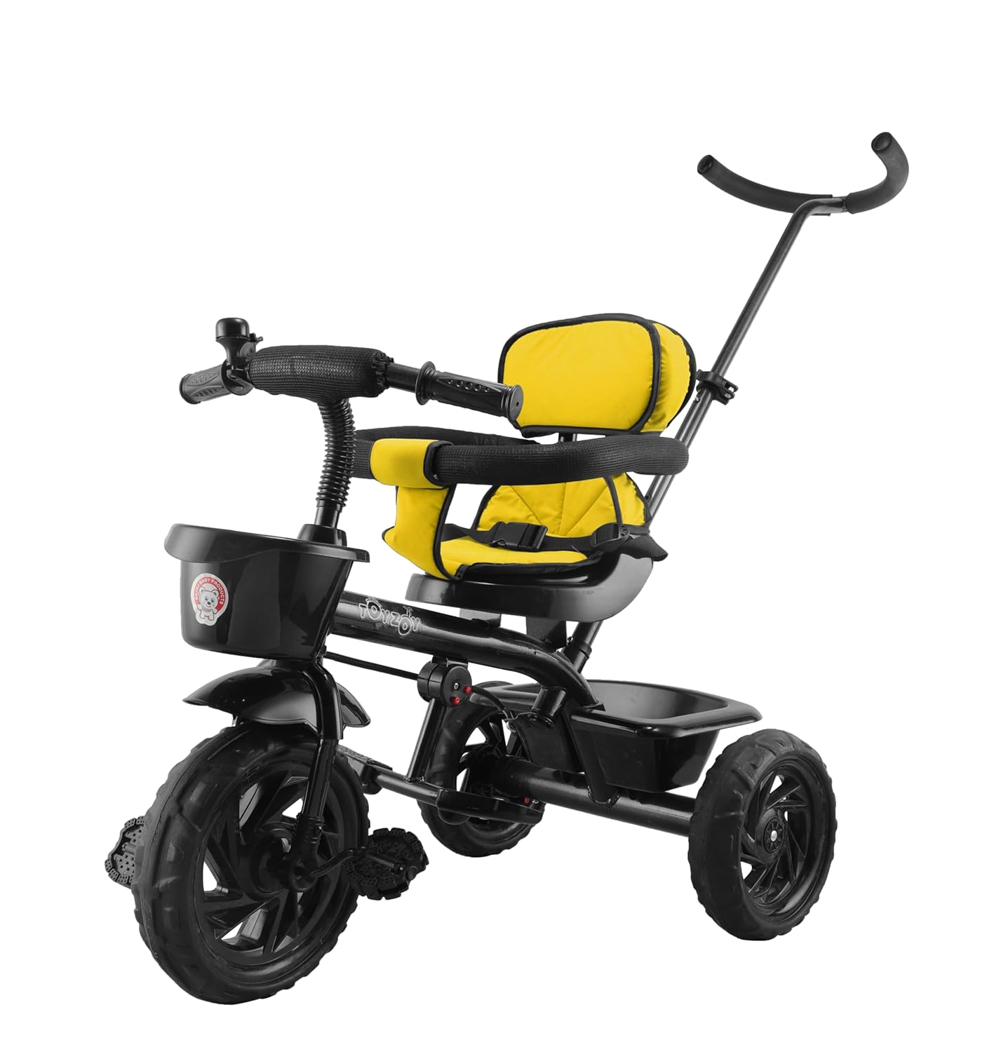 Durable black tricycle for young children 1-4 years, featuring a comfortable teal seat and parent push handle for assisted riding. www.usmile.toys
