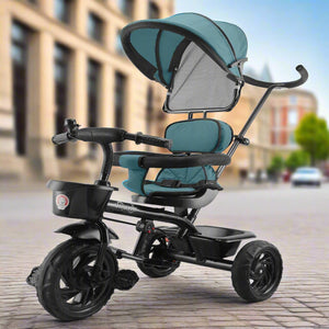 Toyzoy Maple Pro Max kids tricycle with a teal canopy, adjustable seat, parent steering handle, and front basket, suitable for ages 2-5. www.usmile.toys