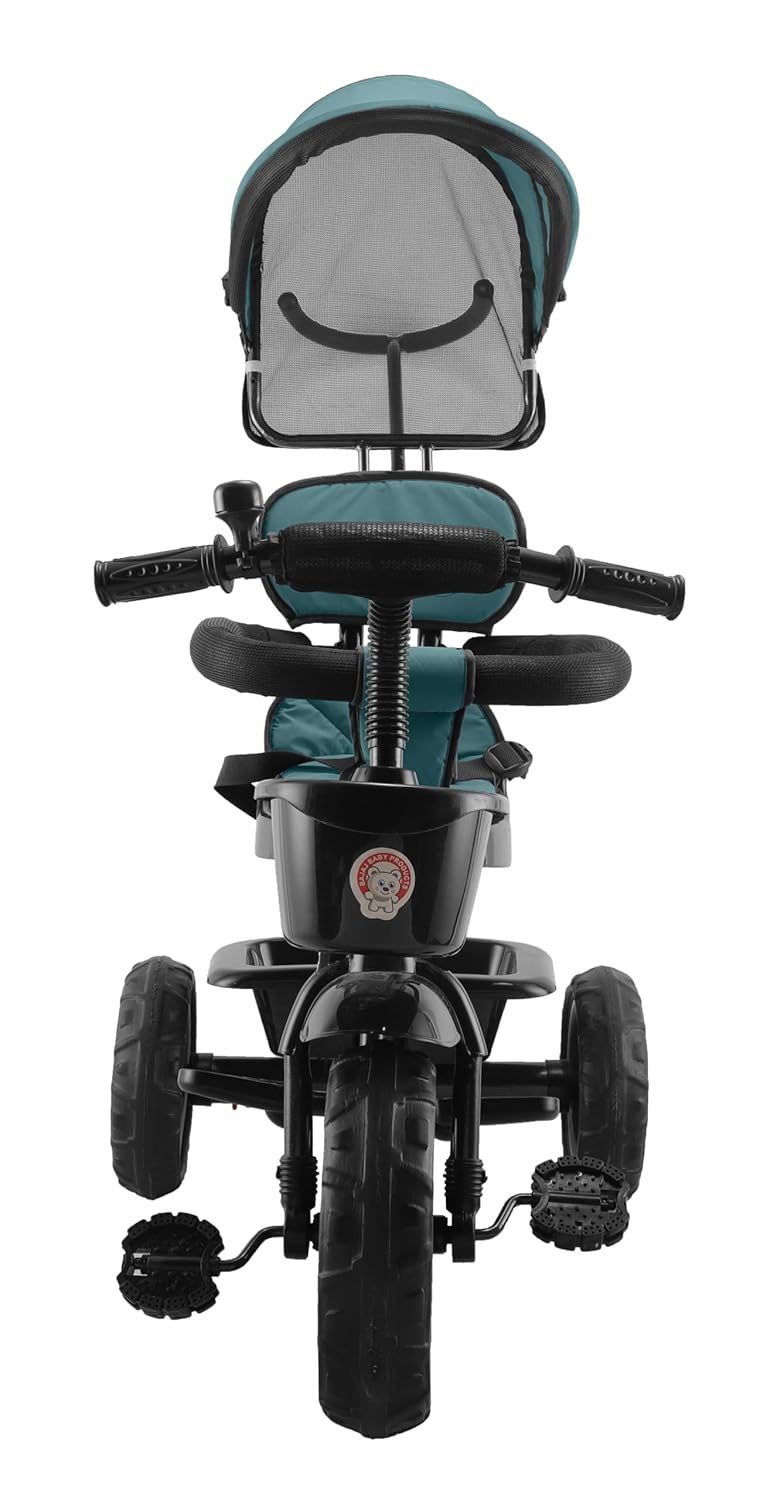 Toyzoy Maple Pro Max kids tricycle with a teal canopy, adjustable seat, parent steering handle, and front basket, suitable for ages 2-5. www.usmile.toys