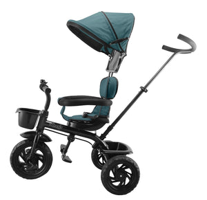 Toyzoy Maple Pro Max kids tricycle with a teal canopy, adjustable seat, parent steering handle, and front basket, suitable for ages 2-5. www.usmile.toys