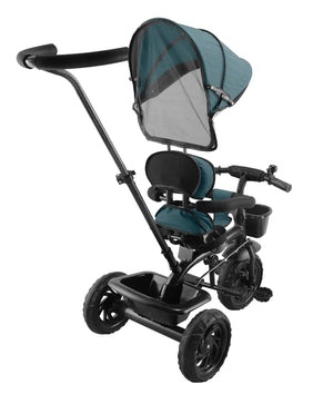 Safe and fun blue kids' tricycle with shade canopy, offering comfortable rides and easy steering for parents. www.usmile.toys