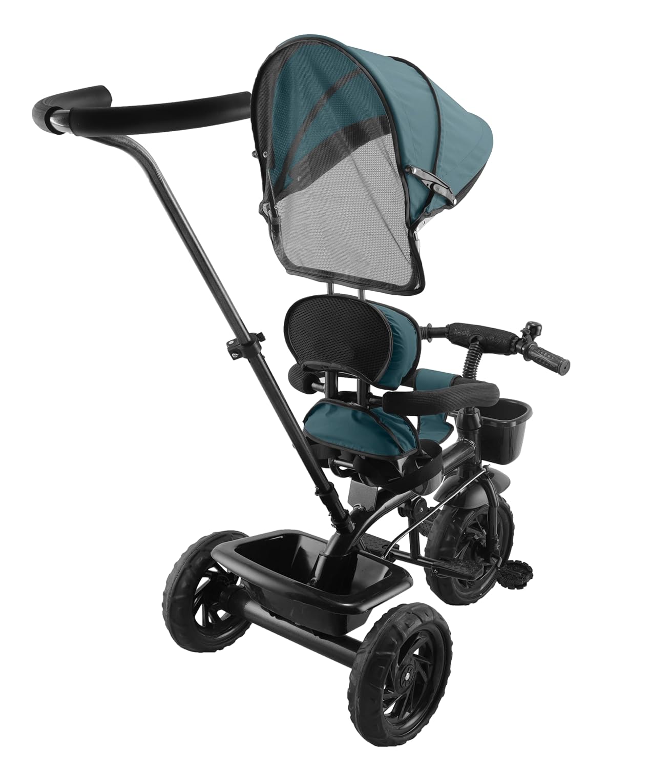 Safe and fun blue kids' tricycle with shade canopy, offering comfortable rides and easy steering for parents. www.usmile.toys