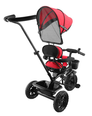 Black kids' tricycle with a teal seat and canopy, detailed with a front storage basket, footrests, and robust wheels on a paved sidewalk. www.usmile.toys