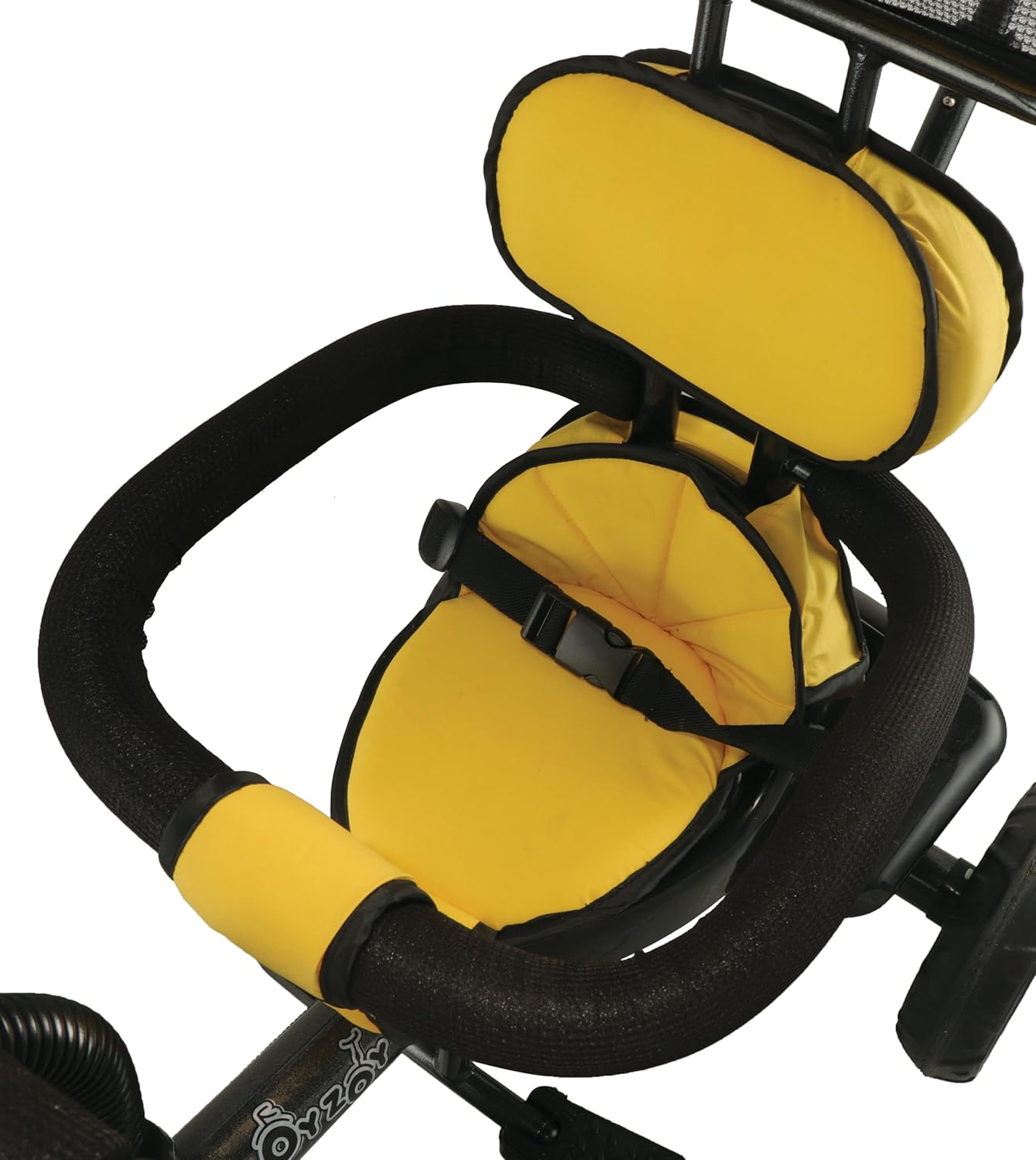 Black kids' tricycle with a teal seat and canopy, detailed with a front storage basket, footrests, and robust wheels on a paved sidewalk. www.usmile.toys