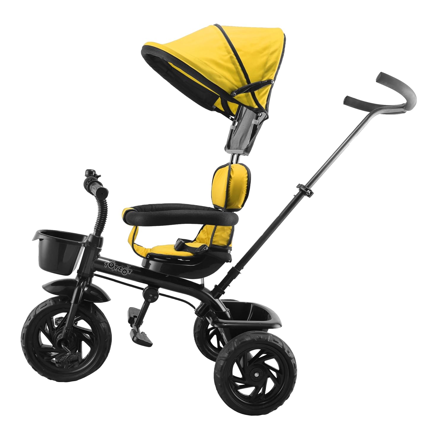 Black kids' tricycle with a teal seat and canopy, detailed with a front storage basket, footrests, and robust wheels on a paved sidewalk. www.usmile.toys