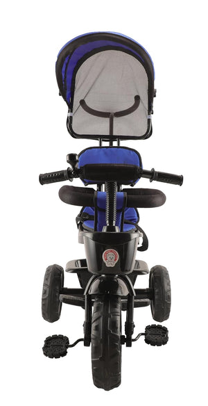 Black kids' tricycle with a teal seat and canopy, detailed with a front storage basket, footrests, and robust wheels on a paved sidewalk. www.usmile.toys