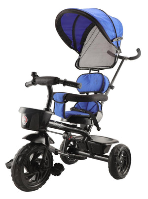 Black kids' tricycle with a teal seat and canopy, detailed with a front storage basket, footrests, and robust wheels on a paved sidewalk. www.usmile.toys