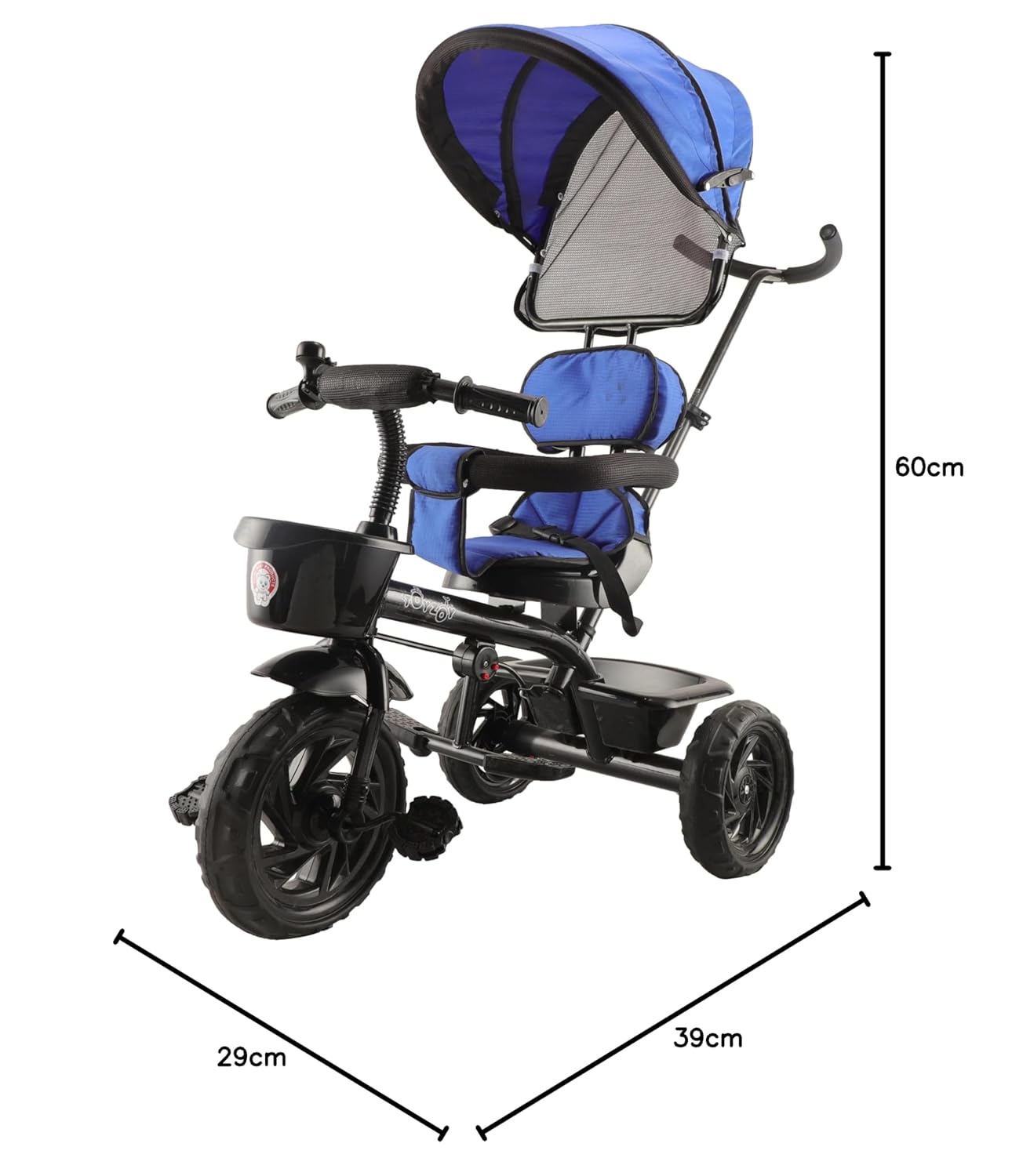 Black kids' tricycle with a teal seat and canopy, detailed with a front storage basket, footrests, and robust wheels on a paved sidewalk. www.usmile.toys