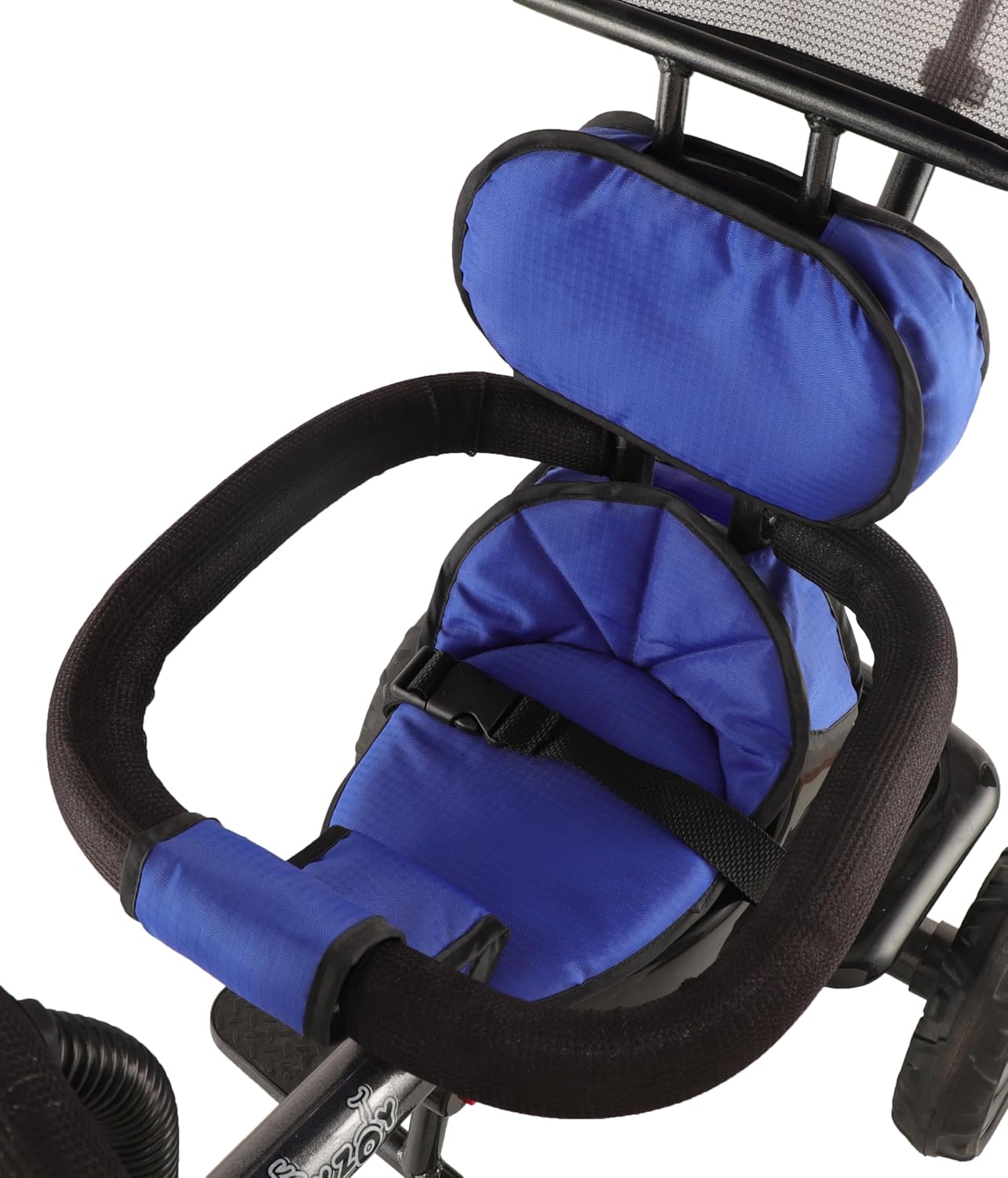 Black kids' tricycle with a teal seat and canopy, detailed with a front storage basket, footrests, and robust wheels on a paved sidewalk. www.usmile.toys