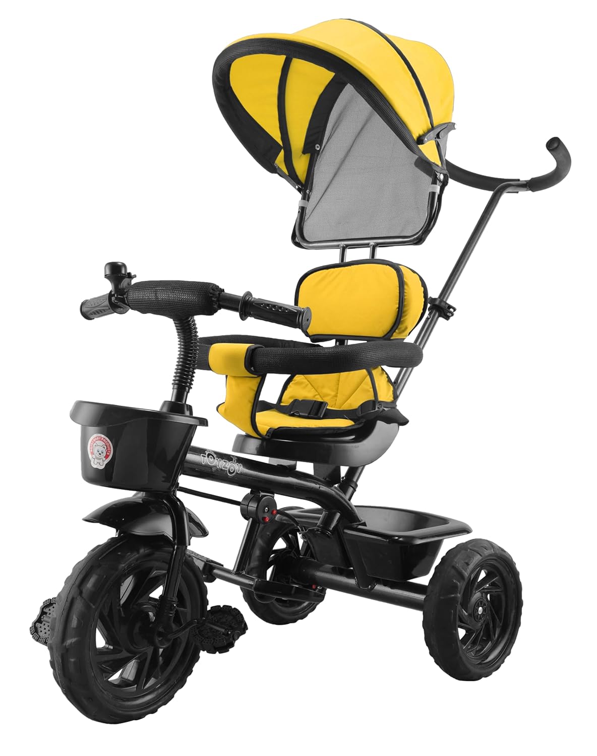 Black kids' tricycle with a teal seat and canopy, detailed with a front storage basket, footrests, and robust wheels on a paved sidewalk. www.usmile.toys