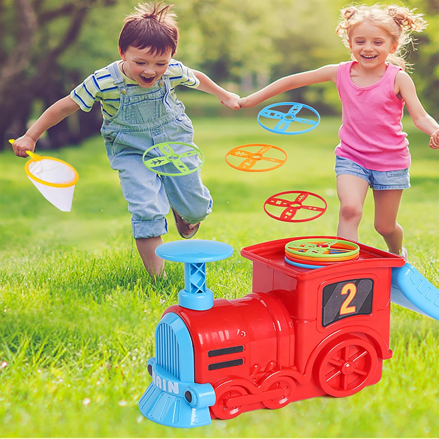 Train Flying Disc Launcher Toy for Kids and Adults with 8 Discs, 2 Catch Nets