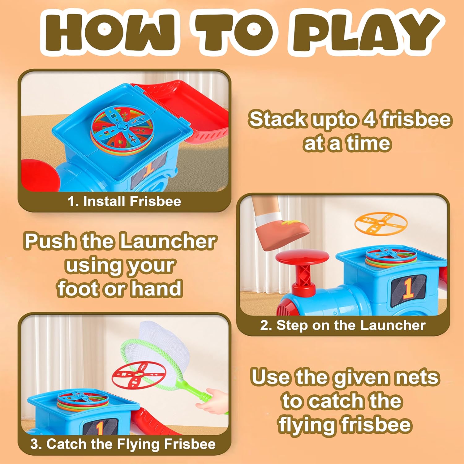 Train Flying Disc Launcher Toy for Kids and Adults with 8 Discs, 2 Catch Nets