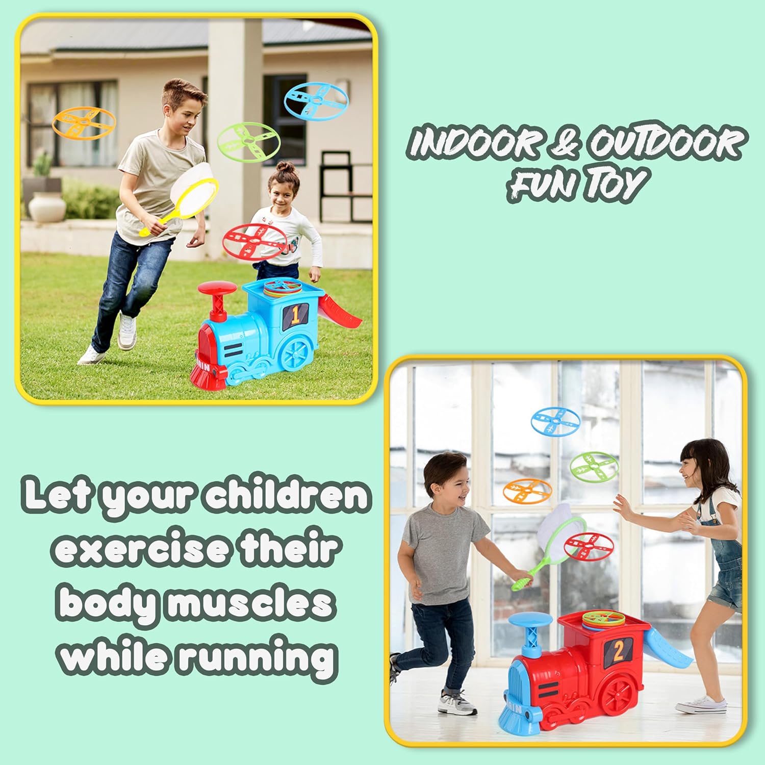 Train Flying Disc Launcher Toy for Kids and Adults with 8 Discs, 2 Catch Nets