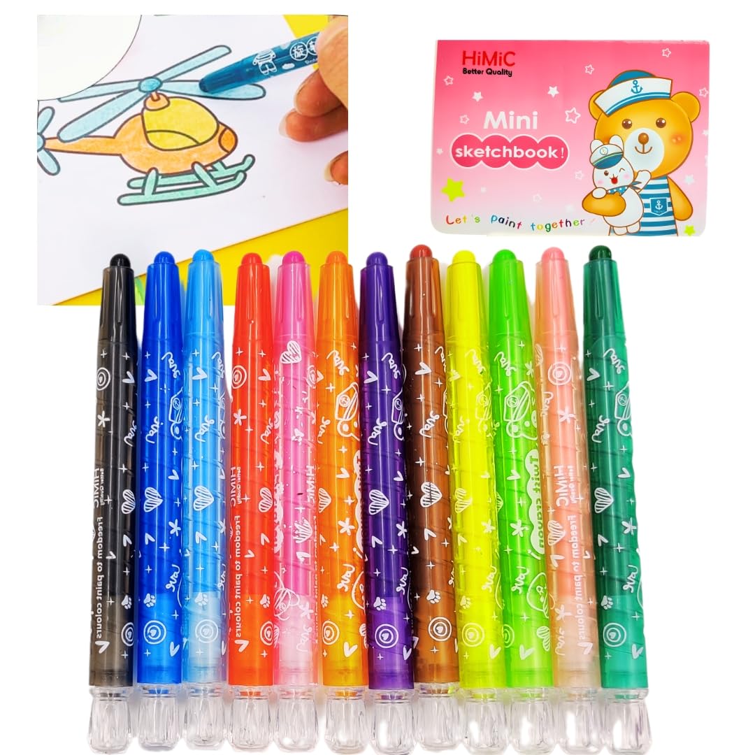 Colorful 12-piece set of Himic twistable crayons for kids, shown with a mini sketchbook featuring a teddy bear, ideal for children's art and drawing.