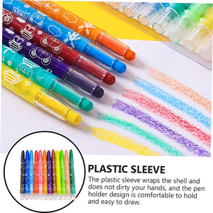 Colorful 12-piece set of Himic twistable crayons for kids, shown with a mini sketchbook featuring a teddy bear, ideal for children's art and drawing." www.usmile.toys