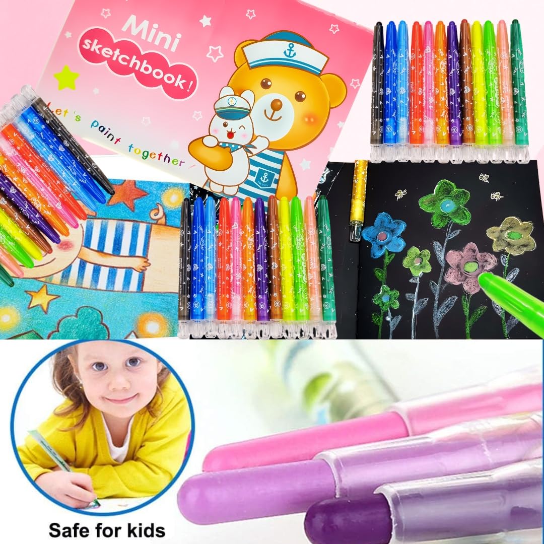 Assorted colors of Himic twist crayons, designed for easy grip and mess-free coloring for children, accompanied by a small sketchbook to encourage artistic expression." www.usmile.toys