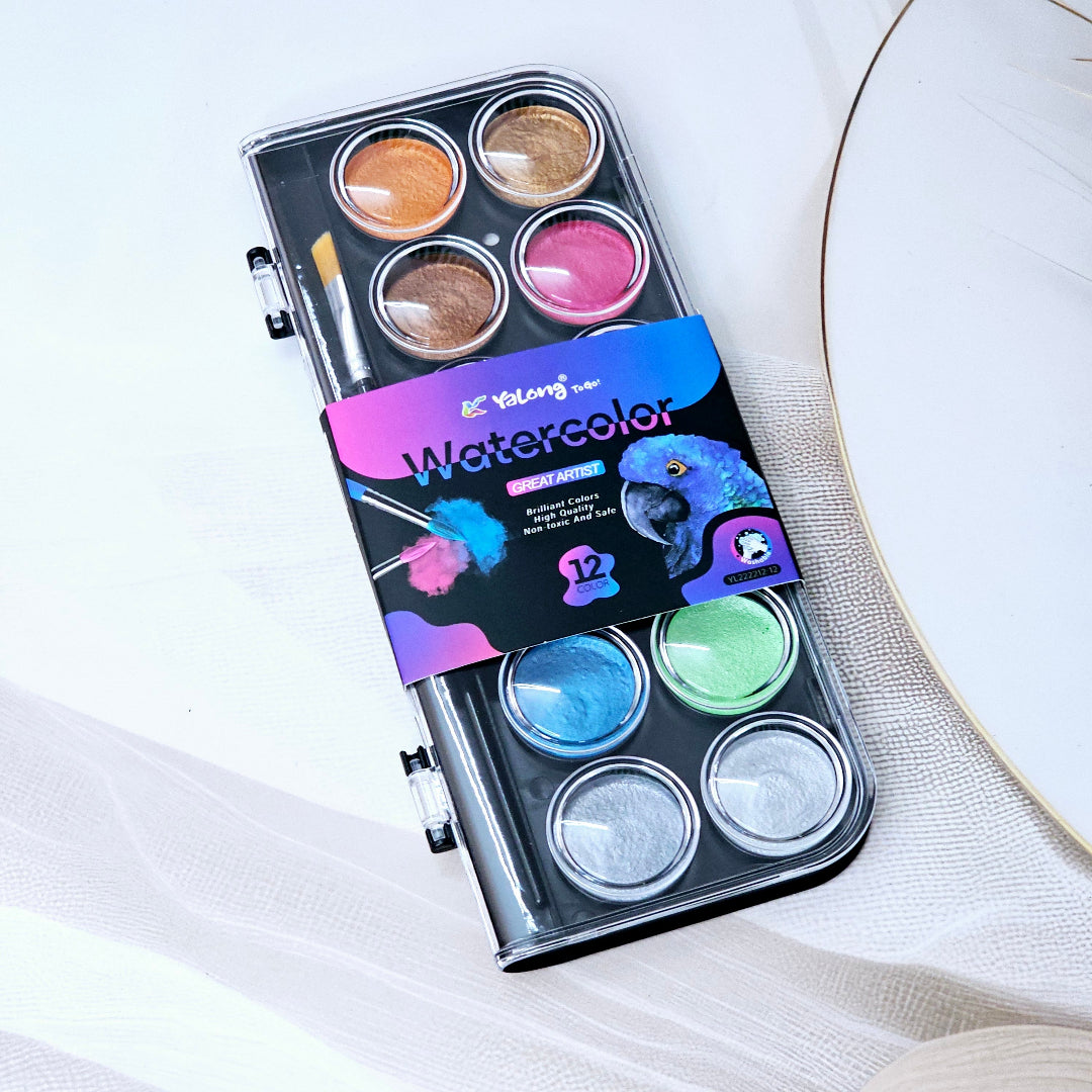 12 Color Metallic Watercolor Paint Set with a brush in a clear case, perfect for kids' art projects. www.usmile.toys