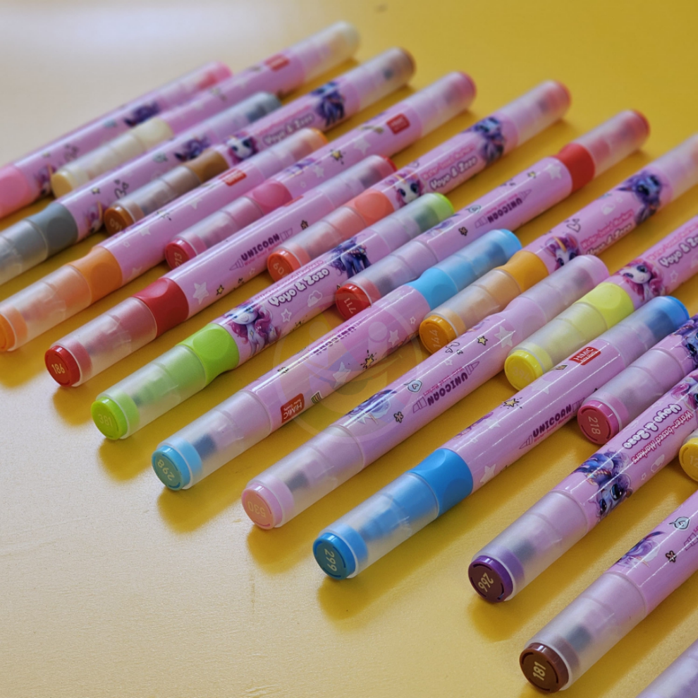 Unicorn-themed art markers, set of 24 washable colors, featuring Yoyo & Zozo characters, in a storage case. www.usmile.toys