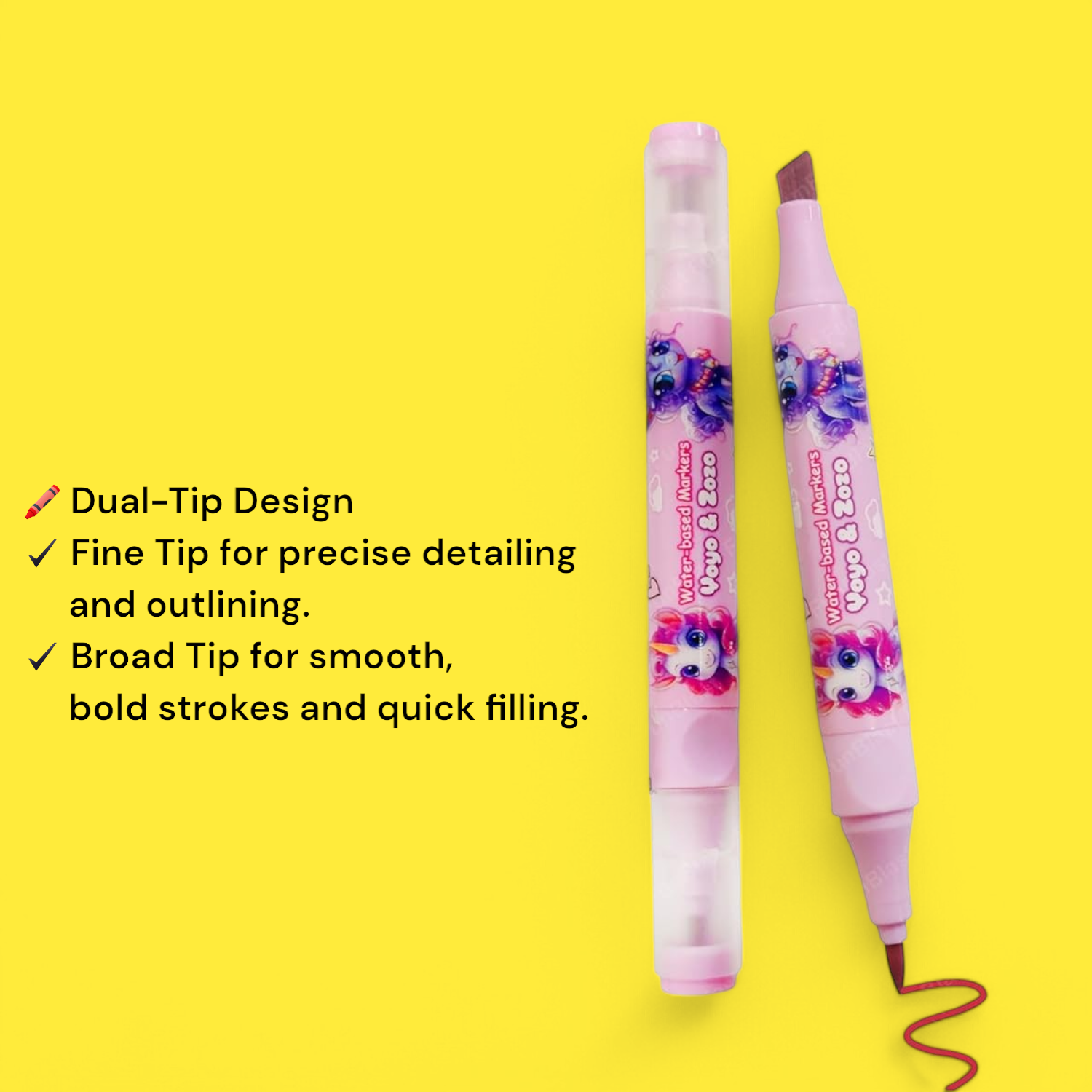 Colorful Unicorn Markers from Yoyo & Zozo, 24 count, with unicorn and star designs on the markers, in a clear plastic case with pink lid. www.usmile.toys