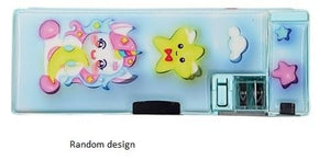 Kids' pink magnetic compass box with pop-out compartments, built-in sharpener, and unicorn, rainbow, balloon graphics. www.usmile.toys