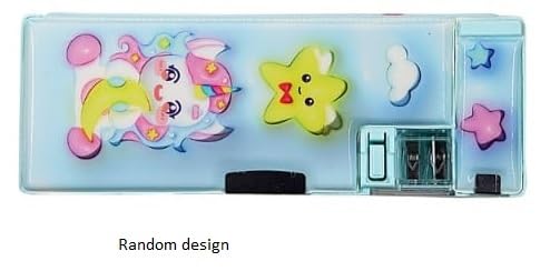Kids' pink magnetic compass box with pop-out compartments, built-in sharpener, and unicorn, rainbow, balloon graphics. www.usmile.toys