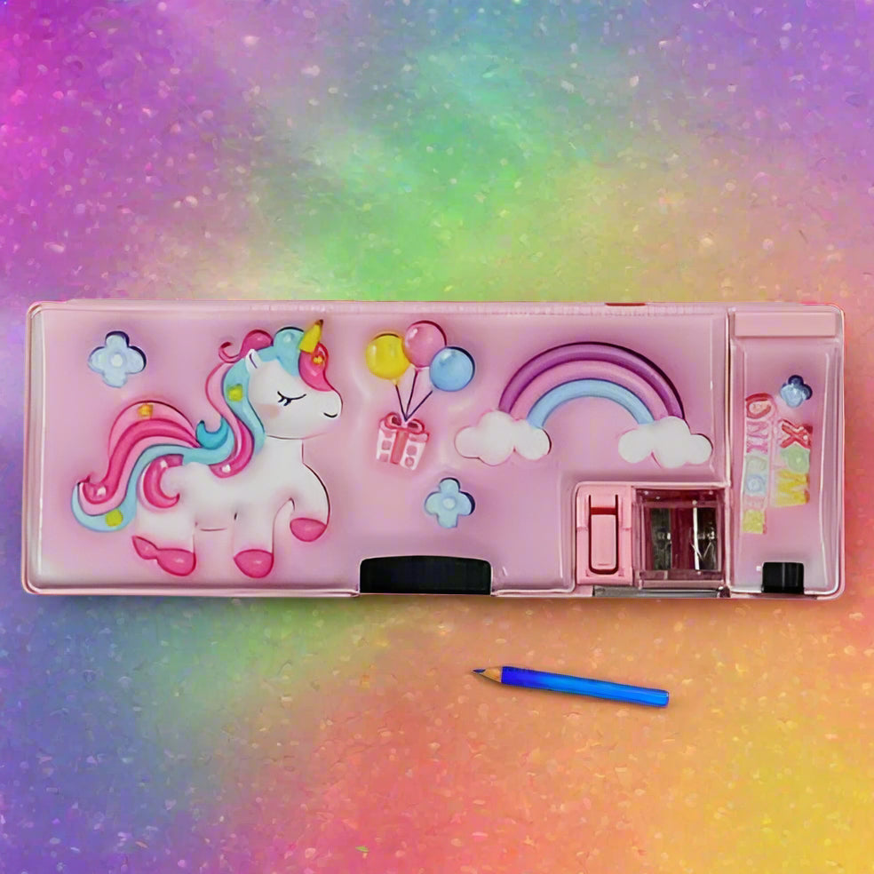 Kids' pink magnetic compass box with pop-out compartments, built-in sharpener, and unicorn, rainbow, balloon graphics. www.usmile.toys